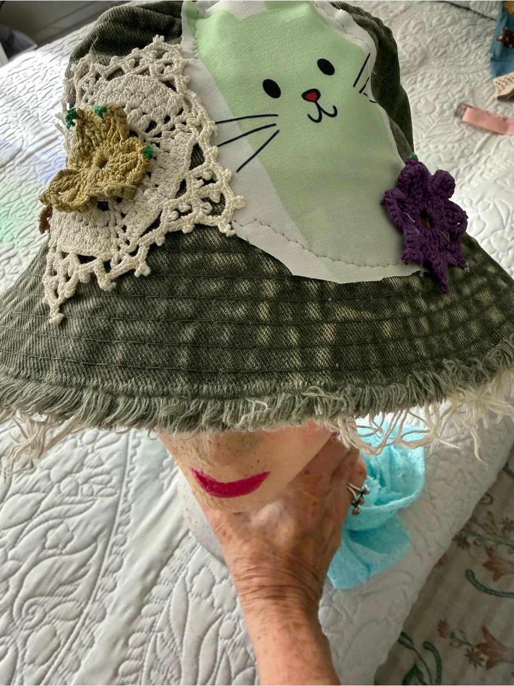 Upcycled Distressed Washed Green Denim Patchwork Bucket Hat OS